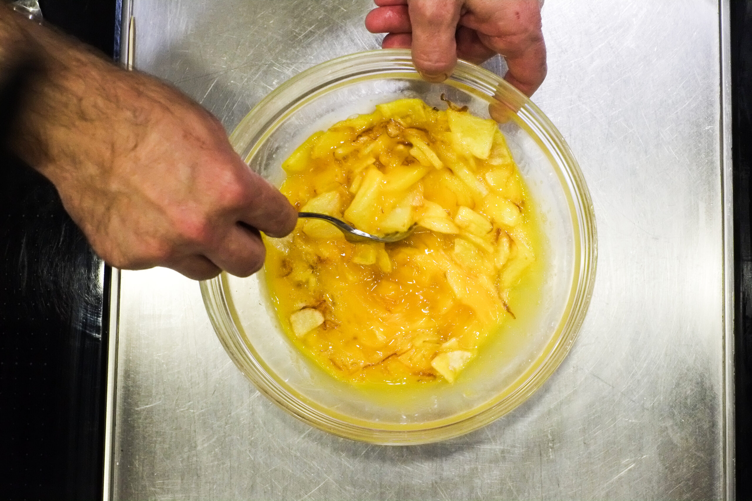 Cooking Spanish tortilla during a San Sebastian cooking class